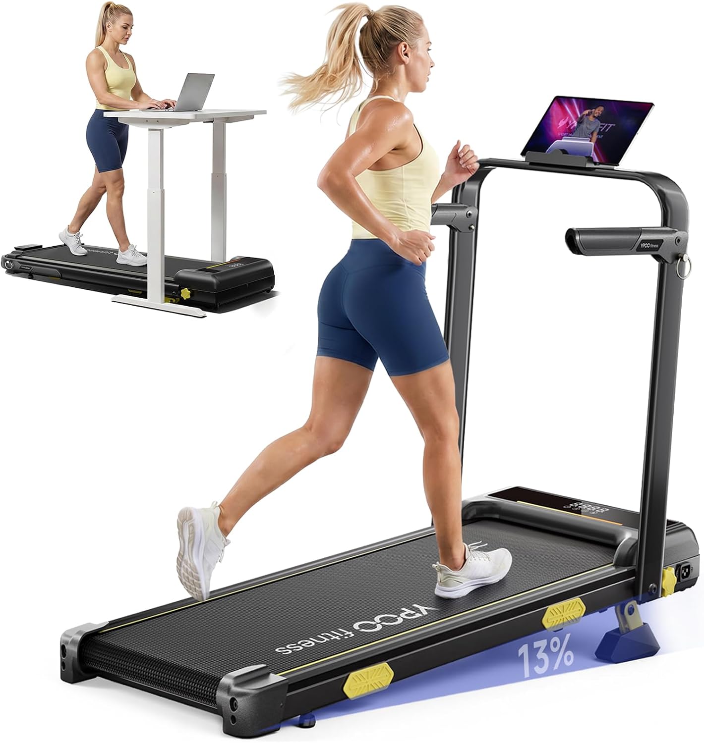 YPOO 13% Incline Walking Pad Treadmills with Handles, Under Desk Treadmills for Home Office, 6.2MPH Quiet Foldable Walking Pad with RGB Light, 300LBS Capacity